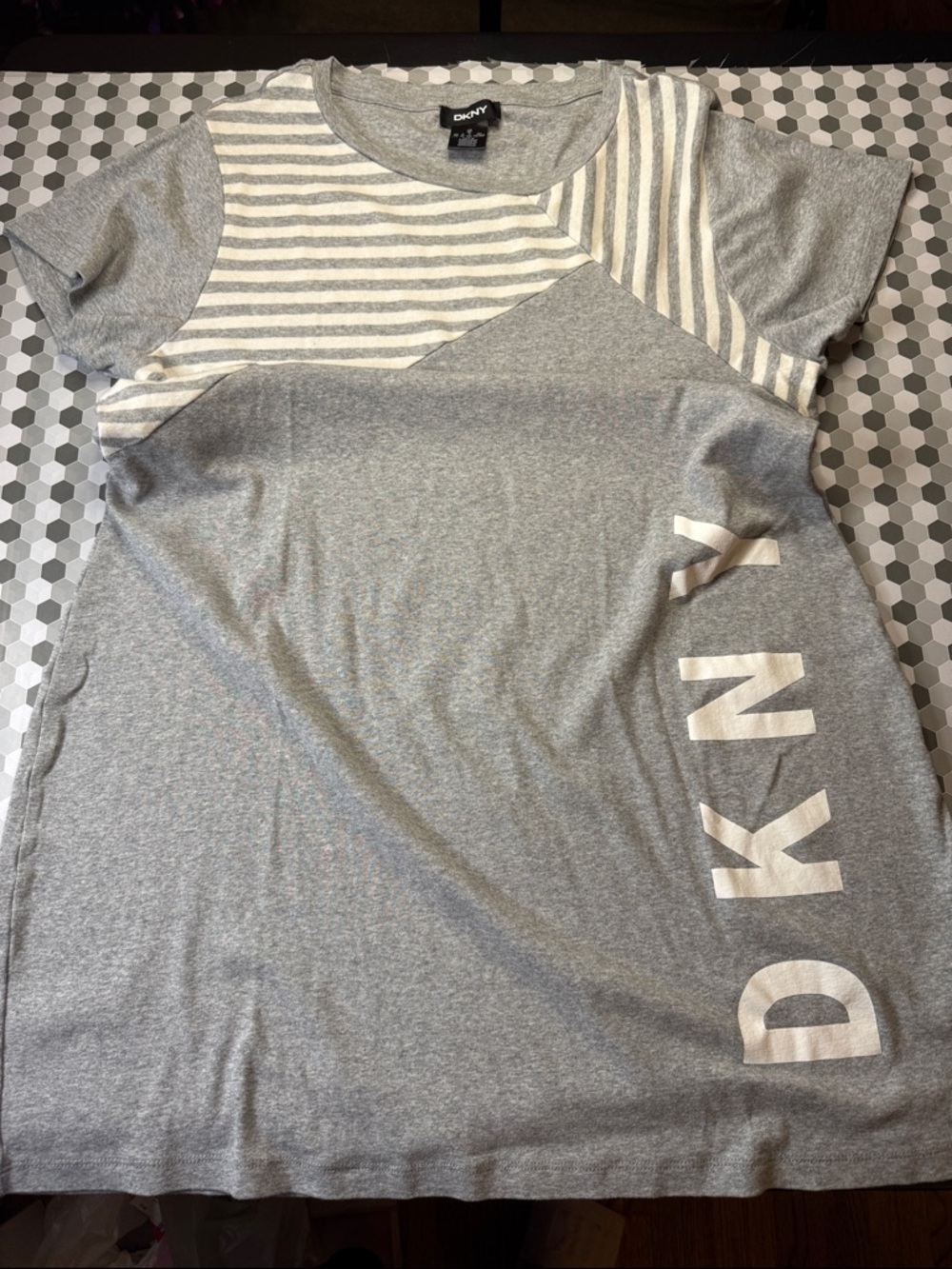 DKNY Gray and Cream Stripe Short Sleeve Tee